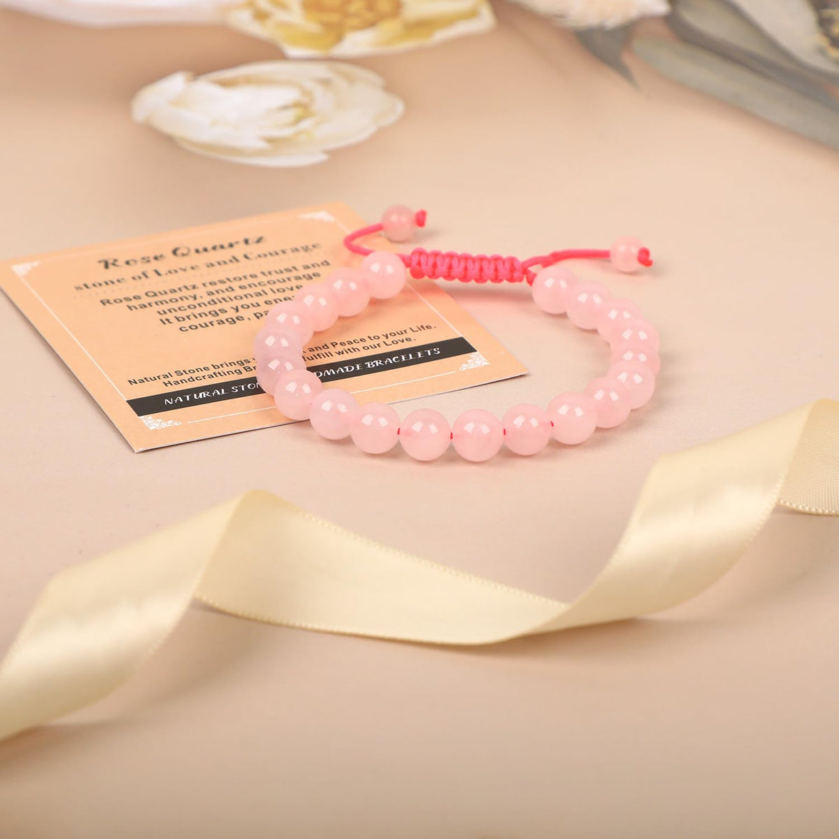 AD Beads 8mm Rose Quartz Bracelet - Stone of stone of Love and Courage - Handmade Natural Stone Crystal Bracelet with Adjustable Macrame String - Yoga Healing Power Energy Gifts for Men and Women