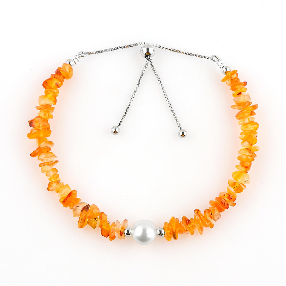 CRYSTALIS Natural Carnelian Beads Slider Bolo Bracelet with Elegant Pearl, Uncut Chips Nuggets Crystals, Chakra Healing Gemstone, Women Jewelry, 925 Sterling Silver Slider 10 inch