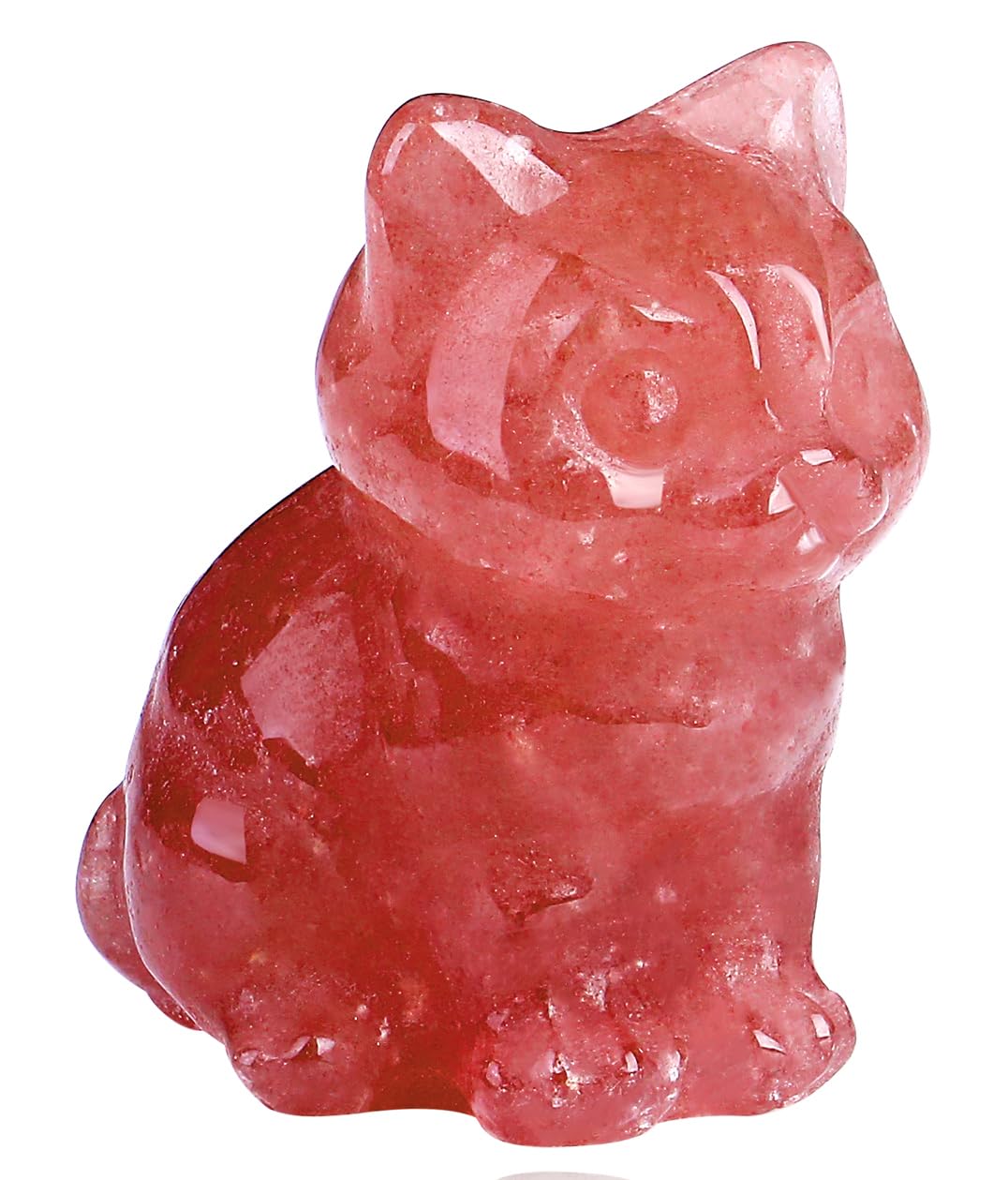 QINJIEJIE Strawberry Quartz Cat Crystals Figurines Carved Stone Healing Crystal Gemstone Sculpture Home Office Decoration Sitting Cat Statue Gifts for Women