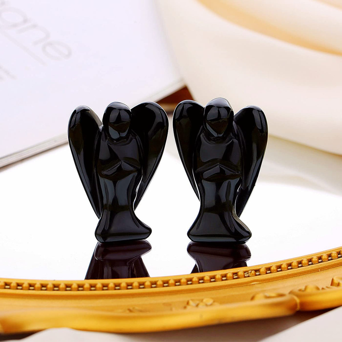 QINJIEJIE Black Obsidian Angel Crystals Healing Pocket Guardian Angel Decor Polished Healing Crystal Gemstone Carved Statue Peace Angel Figurine Spiritual Gift Meditation Protect for Angel Lover