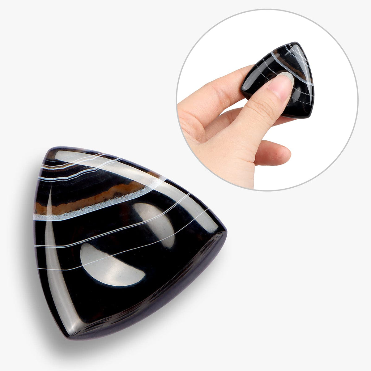 LEADGEM Thumb Black Band Onyx Worry Stone for Anxiety Healing Crystals Agate Triangular Shaped Palm Stones for Anxiey Relief 1.6”