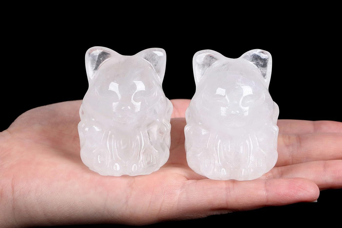 LAIDANLA 2" Clear Quartz Fox Figurine Healing Crystals Fox Statue Hand Carved Natural Gemstone Polished Reiki Spiritual Pocket Animal Sculpture Home Office Room Desk Decor