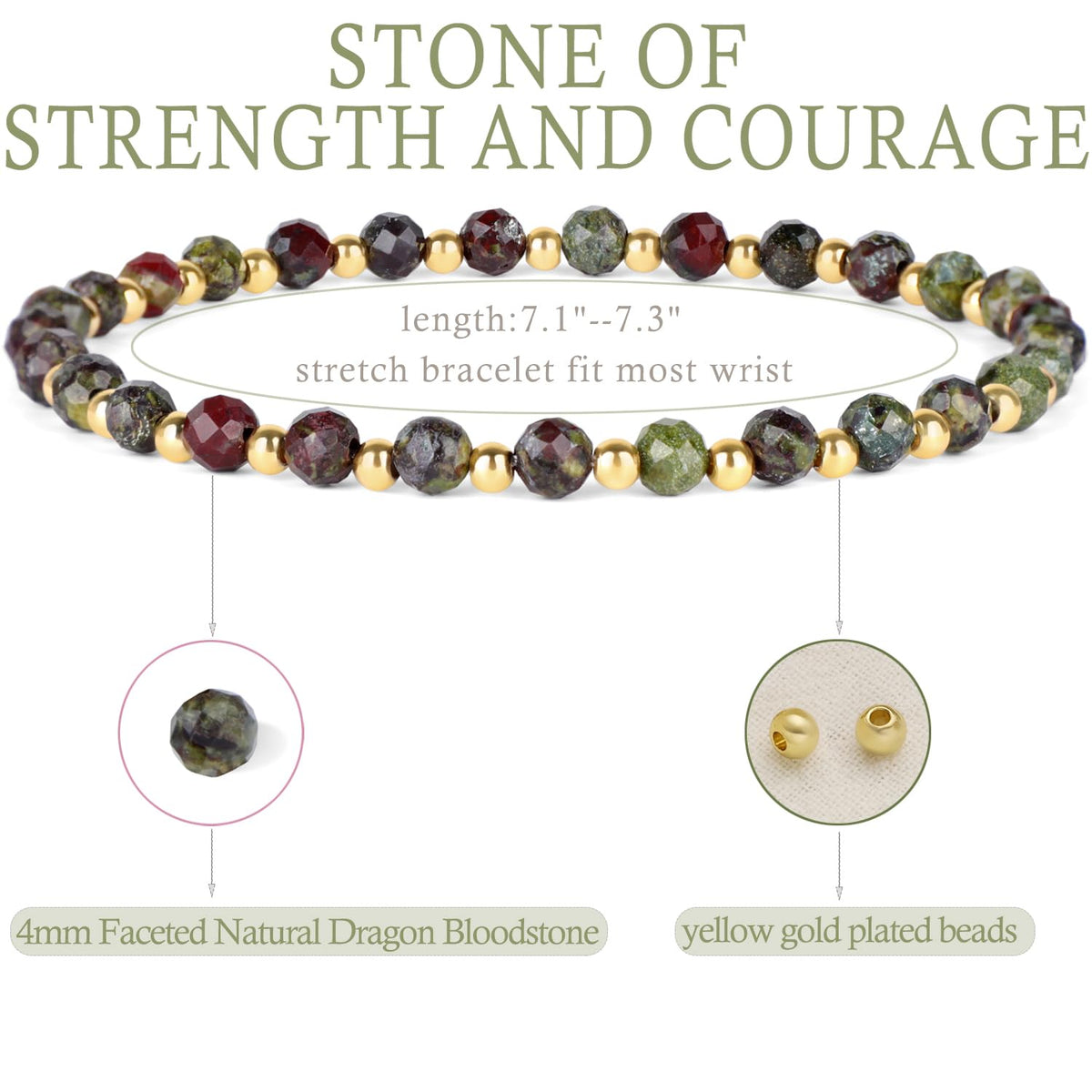 QOGIR Dragon Bloodstone - Strength and Courage - 14K Gold Plated Beads Natural Gemstone Stretch Elastic Dainty Healing Beaded Bracelets Gifts 4mm