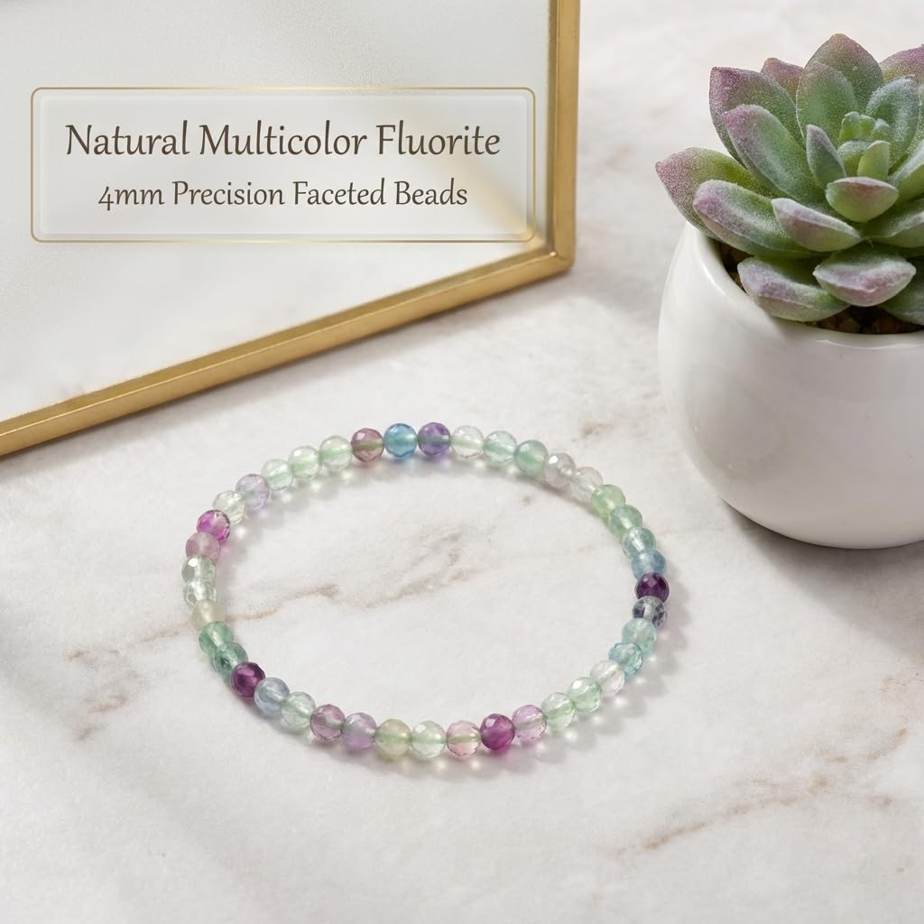 Angelstones Natural Fluorite Gemstone Small Beaded Stretch Bracelet, 4mm Faceted Round Beads, Crystal Healing Bracelet for Women
