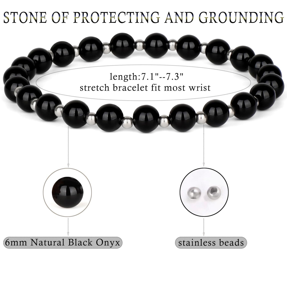 QOGIR Black Onyx - Protecting and Grounding - Stainless Silver Beads Natural Gemstone Stretch Elastic Dainty Healing Beaded Bracelets Gifts 6mm