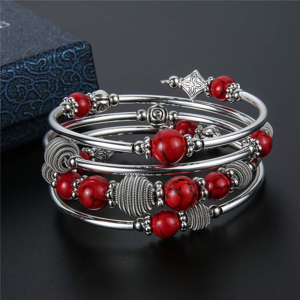 PEARL&CLUB Beaded Chakra Bangle Turquoise Bracelet - Fashion Jewelry Wrap Bracelet with Thick Silver Metal and Mala Beads, Birthday Gifts For Women(Red)