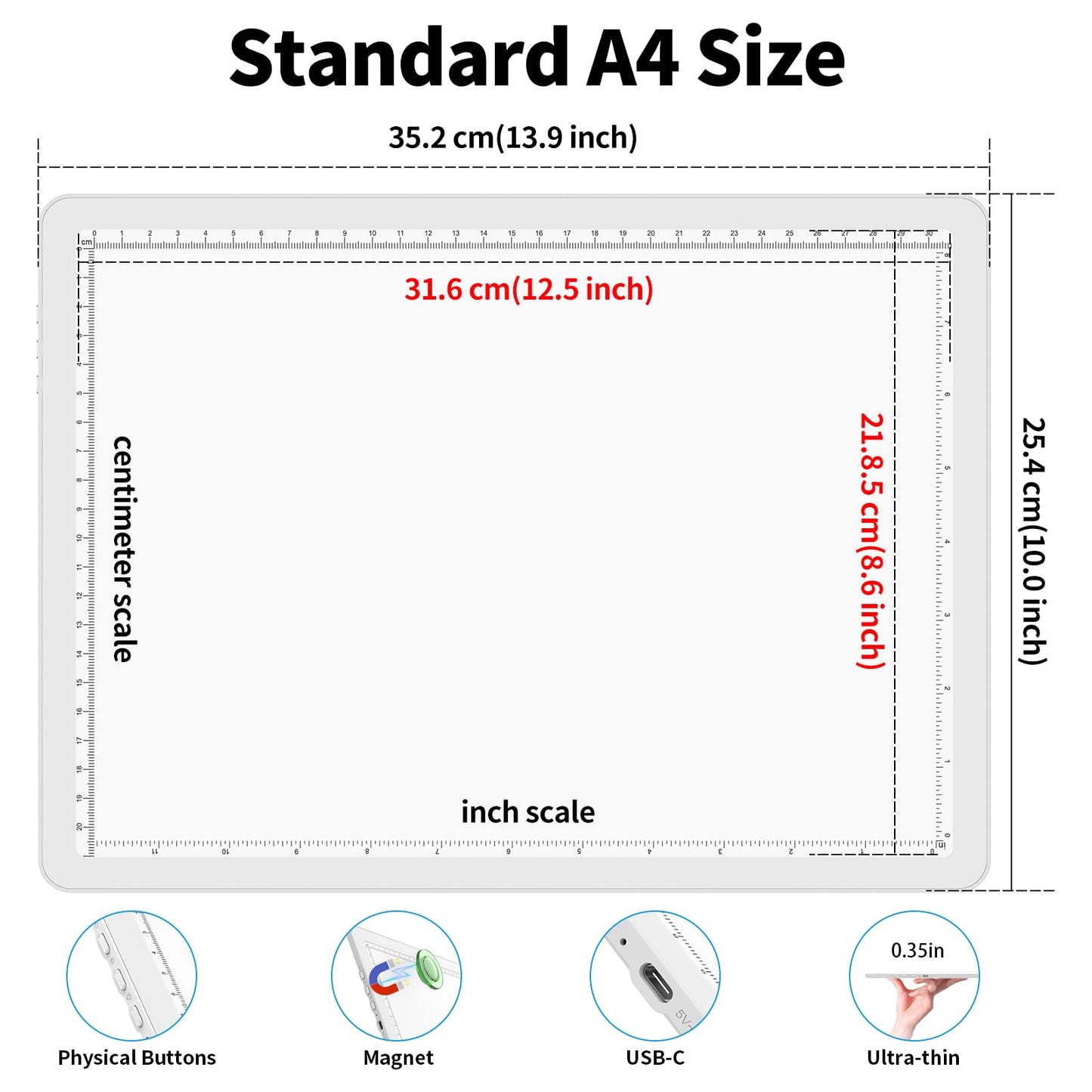 Phylosal Rechargeable A4 Light Pad with Carry Bag, Ultra-Thin Magnetic Tracing Light Box for Drawing, Diamond Art Painting Light Board with Side Button, Super Bright Light Table for Sketching (White)