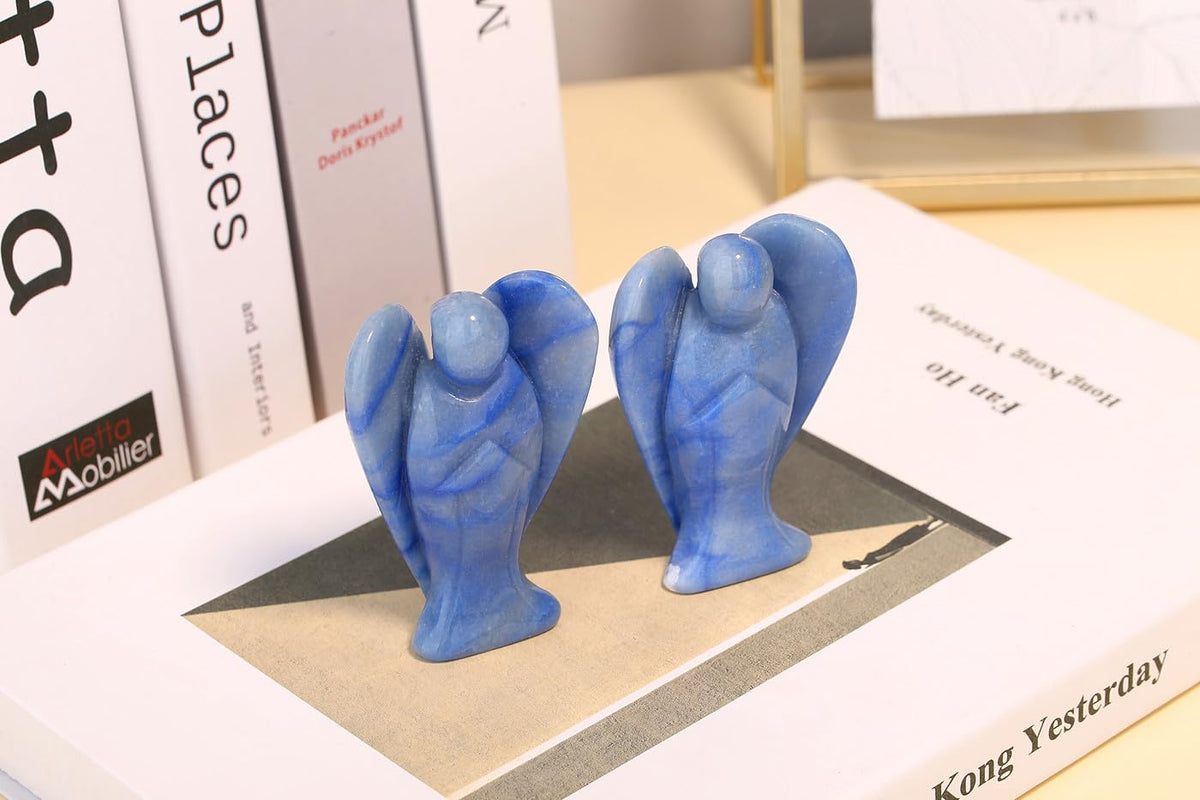 QINJIEJIE 3" Blue Aventurine Crystal Angel Decor Healing Guardian Angel Stone Figurine Natural Gemstone Polished Pocket Big Peace Statue Room Desk Office Decorations Meditation Gift for Women