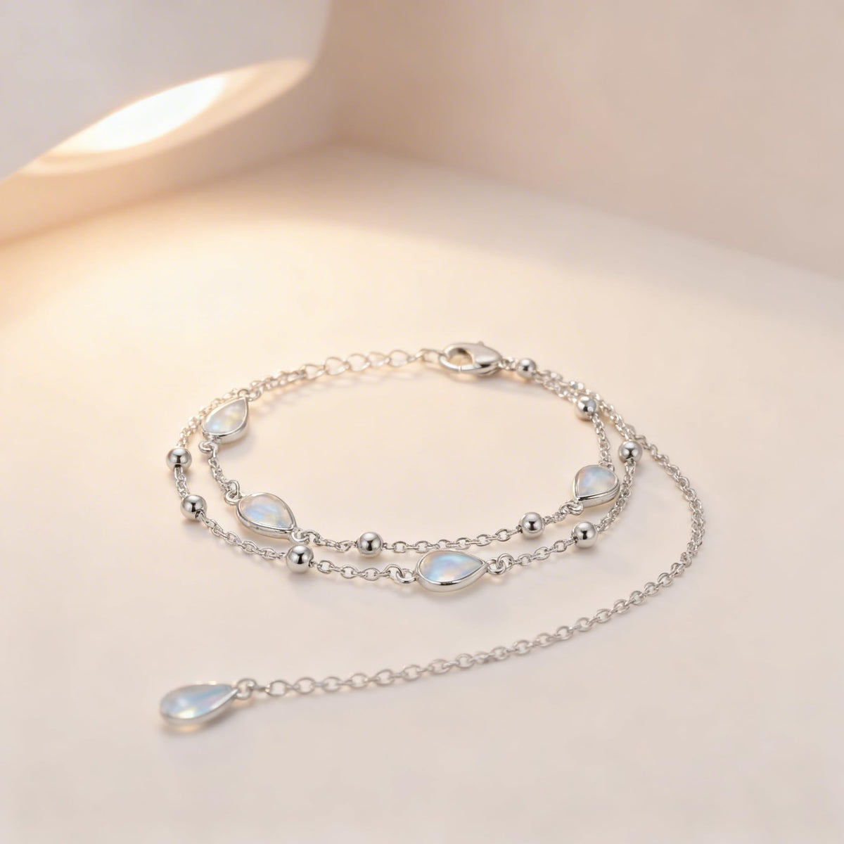 ZADIUA Moonstone Bracelet 925 Sterling Silver Adjustable Moonstone Double Layered Chain Bracelet Jewelry Gifts for Women