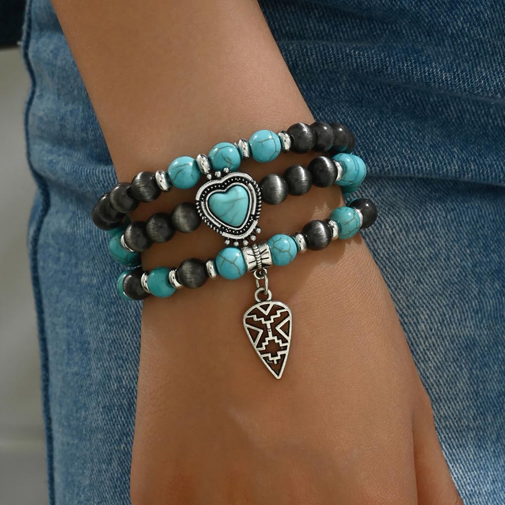 GIGB PBDK Western Cowgirl Turquoise Bracelets for Women Turquoise Beaded Stackable Bracelets Bohemian Heart Feather Bracelet Country Concert Jewelry Accessories (Teal1)