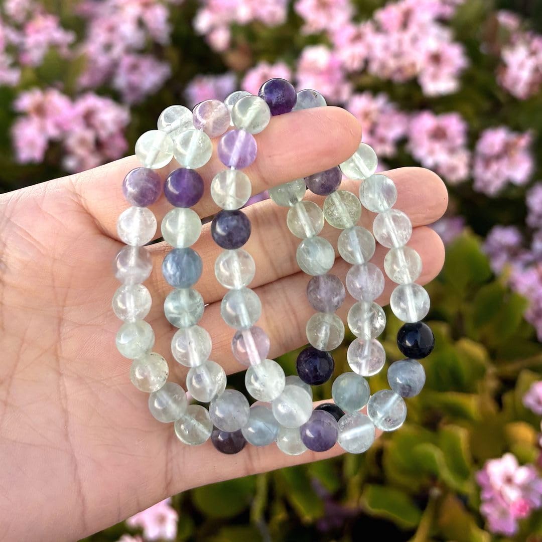 Adabele Real Natural Multicolor Fluorite Gemstone Beaded Bracelet 7.5 inch Stretch Chakra Healing Crystal Stone Jewelry Women Mom Gift GB8-B2