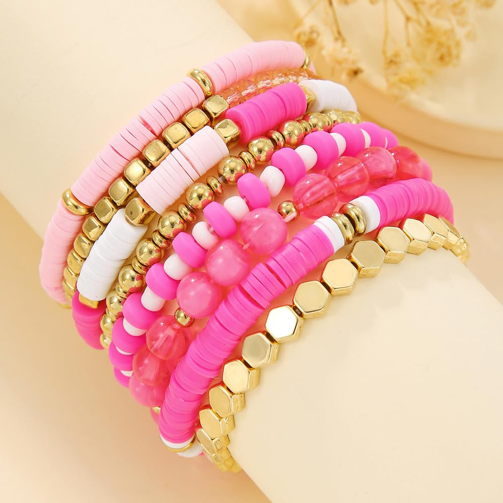 YEOSMINE Boho Heishi Clay Beaded Stretch Bracelets Stack For Women, Preppy Teens Friendship Gold Bracelets Cute Beach Surfer Accessories Bulk Set Trendy Fashion Jewelry