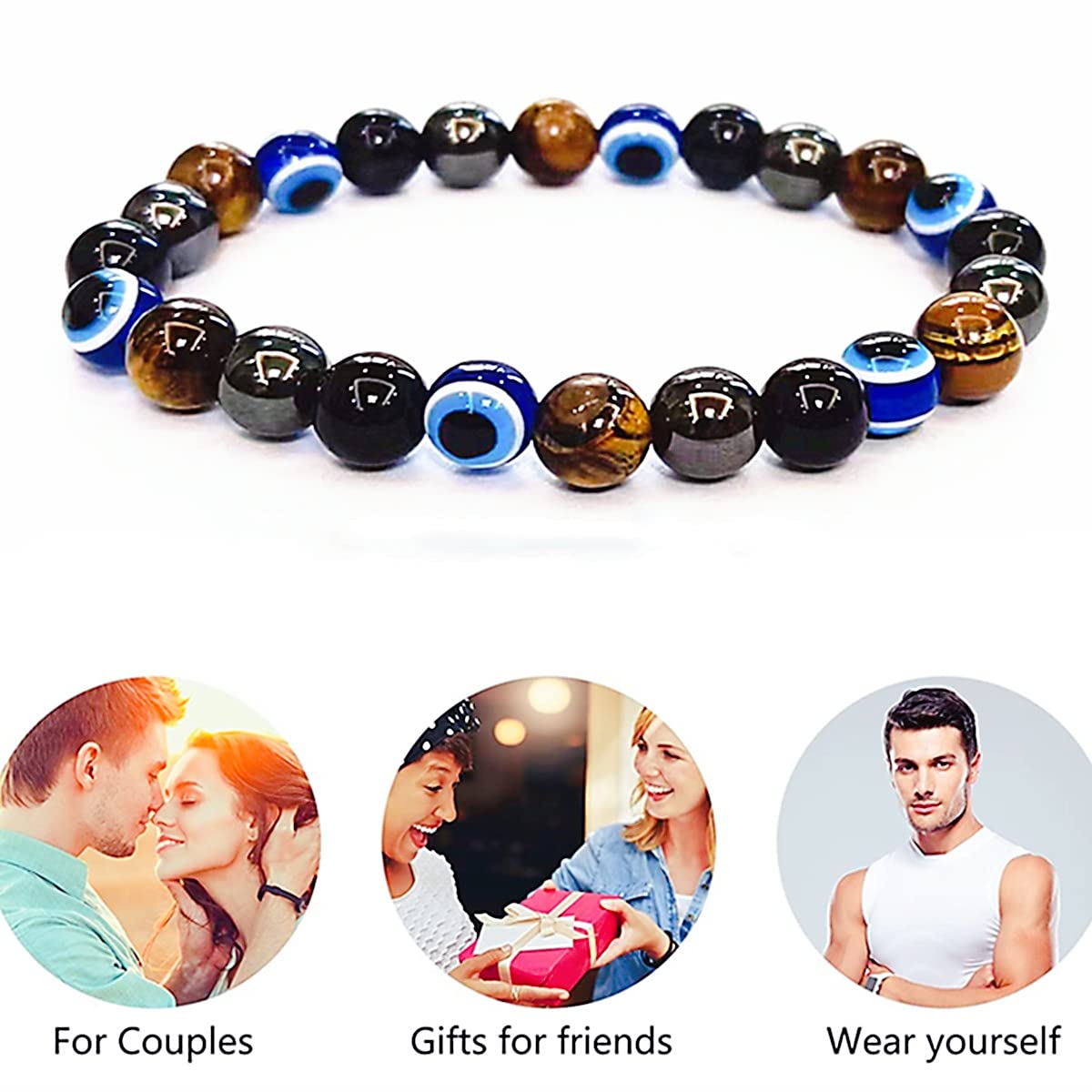 WEFRIN Evil Eye with Hematite Black Obsidian Tiger Eye Stone Triple Protection Bracelets for Men Women, Crystal Jewelry Stone Bracelets Bring Luck and Prosperity and Happiness 8mm Beads