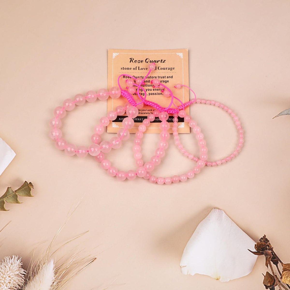 AD Beads 4mm Rose Quartz Bracelet - Stone of stone of Love and Courage - Handmade Natural Stone Crystal Bracelet with Adjustable Macrame String - Yoga Healing Power Energy Gifts for Men and Women