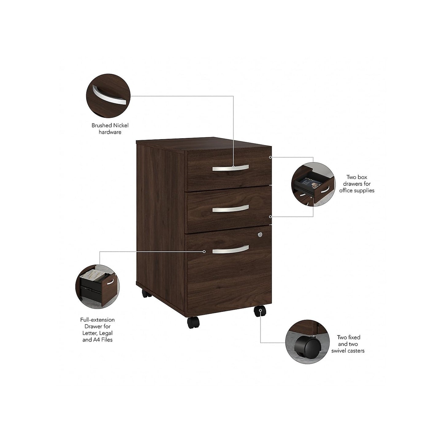 Bush Business Furniture Hybrid 3 Drawer Mobile File Cabinet-Assembled, Black Walnut