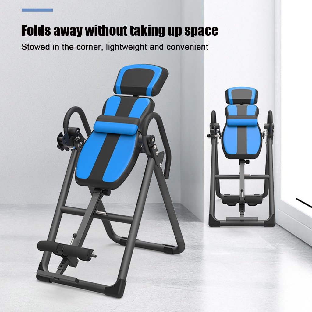 Folding heavy-duty inversion table with a capacity of 330 lbs, with removable shoulder rest and lumbar support