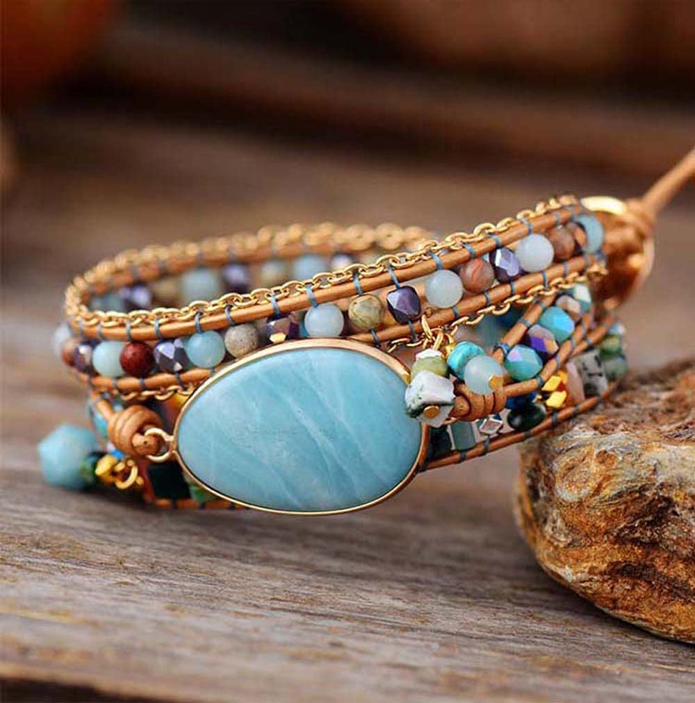 ZOSOJONA Women Wrap Bracelet Boho Natural Jasper Crystal Stone Beads Strand Bracelets (Amazonite)