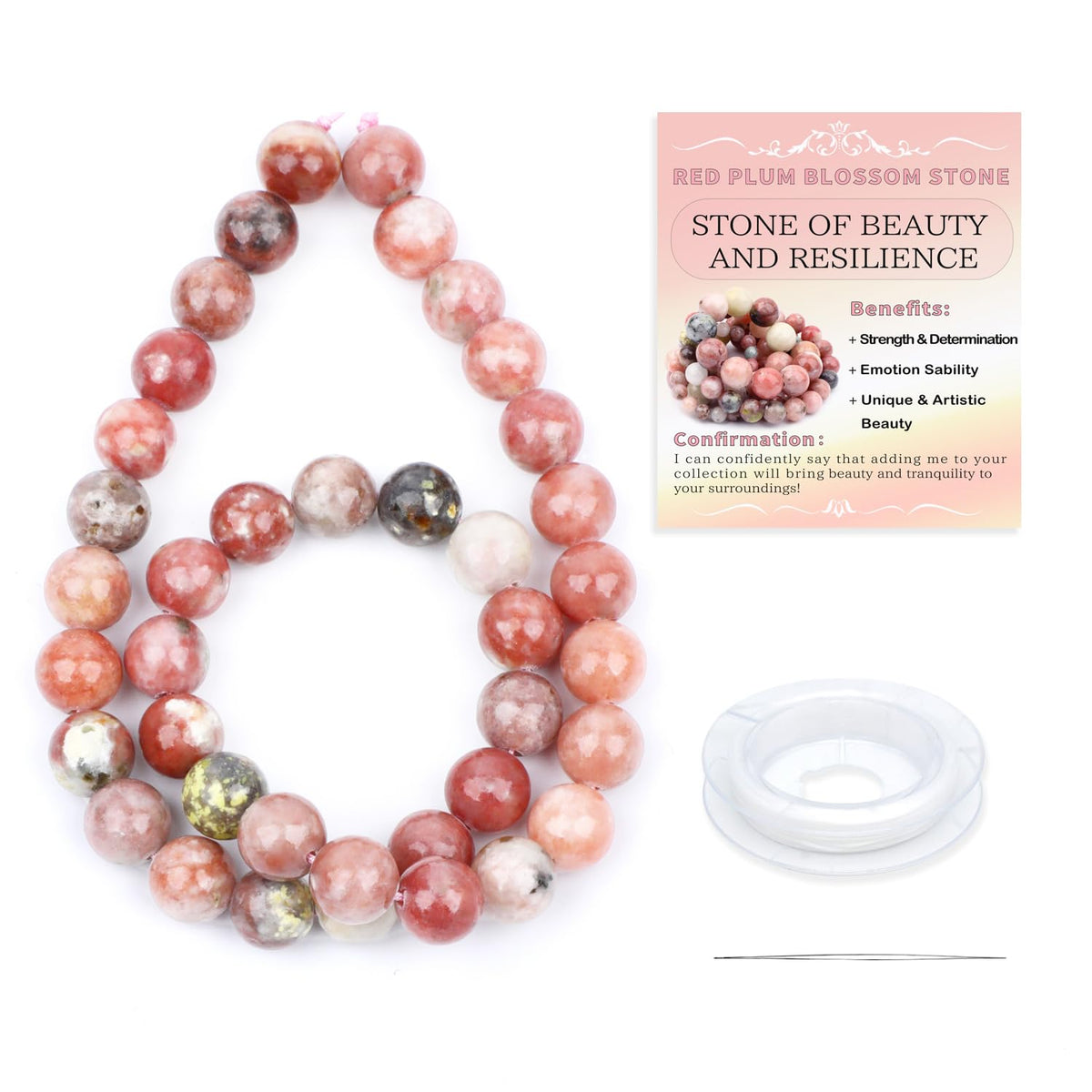 CMBYN Natural Stone Beads Round Genuine Real Stone Beading Strand Loose Gemstones DIY Smooth Bead for Bracelet Necklace Earrings Jewelry Making (Red Plum Blossom Stone, 10mm 36 Pieces)
