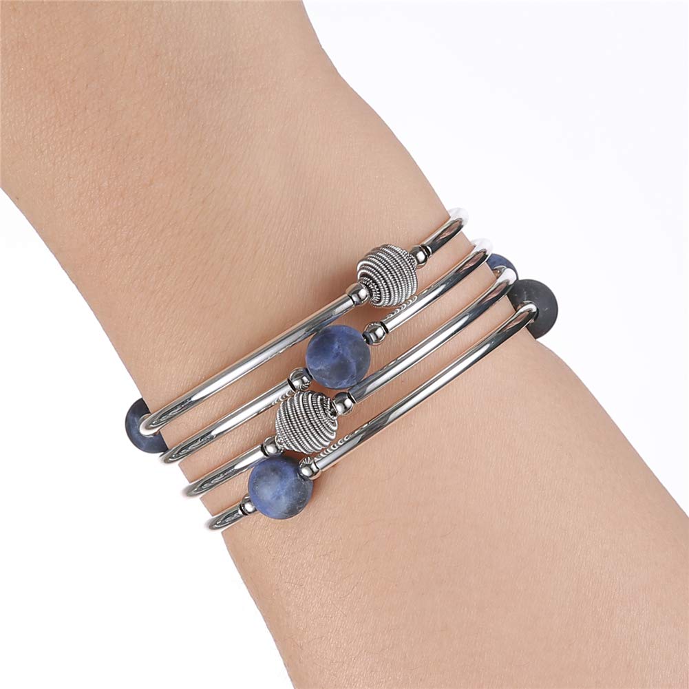 PEARL&CLUB Beaded Chakra Bangle Turquoise Bracelet - Fashion Jewelry Wrap Bracelet with Thick Silver Metal and Mala Beads, Birthday Gifts For Women(63-Navy Blue)