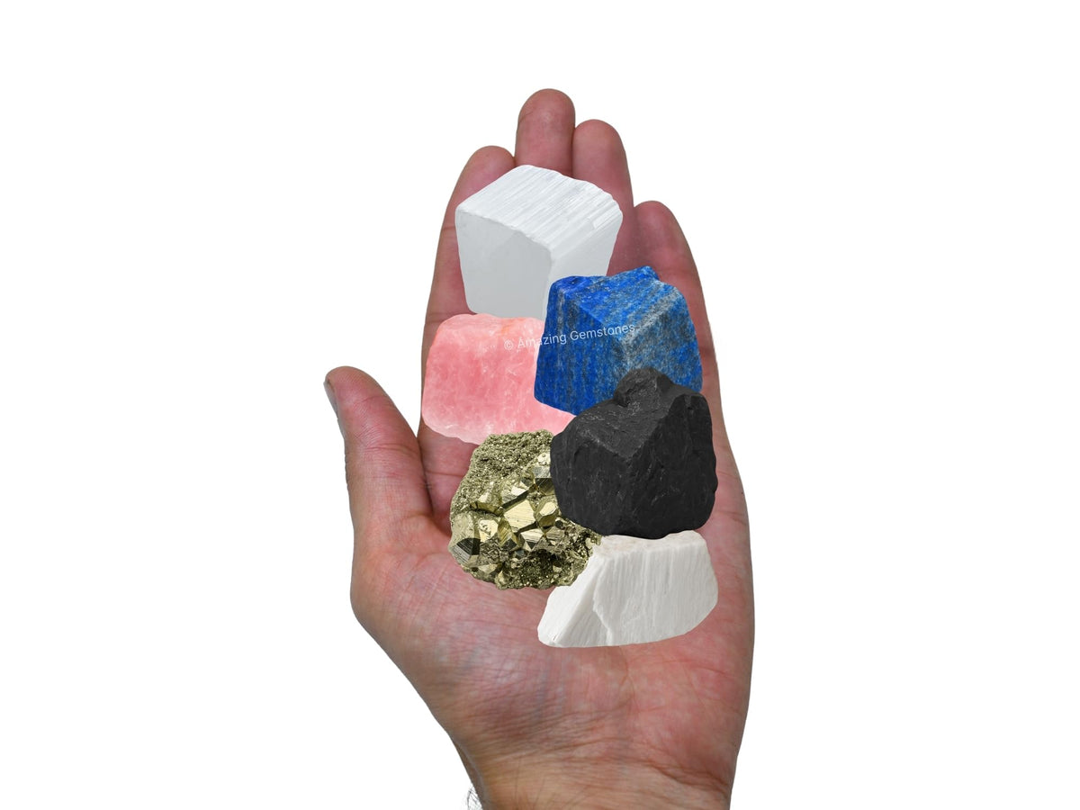 Amazing Gemstone Crystals for New Home Manifestation, Set of 6 Lapis Lazuli, Selenite, Shungite, Pyrite, Scolecite and Rose Quartz Healing Crystals and Stones