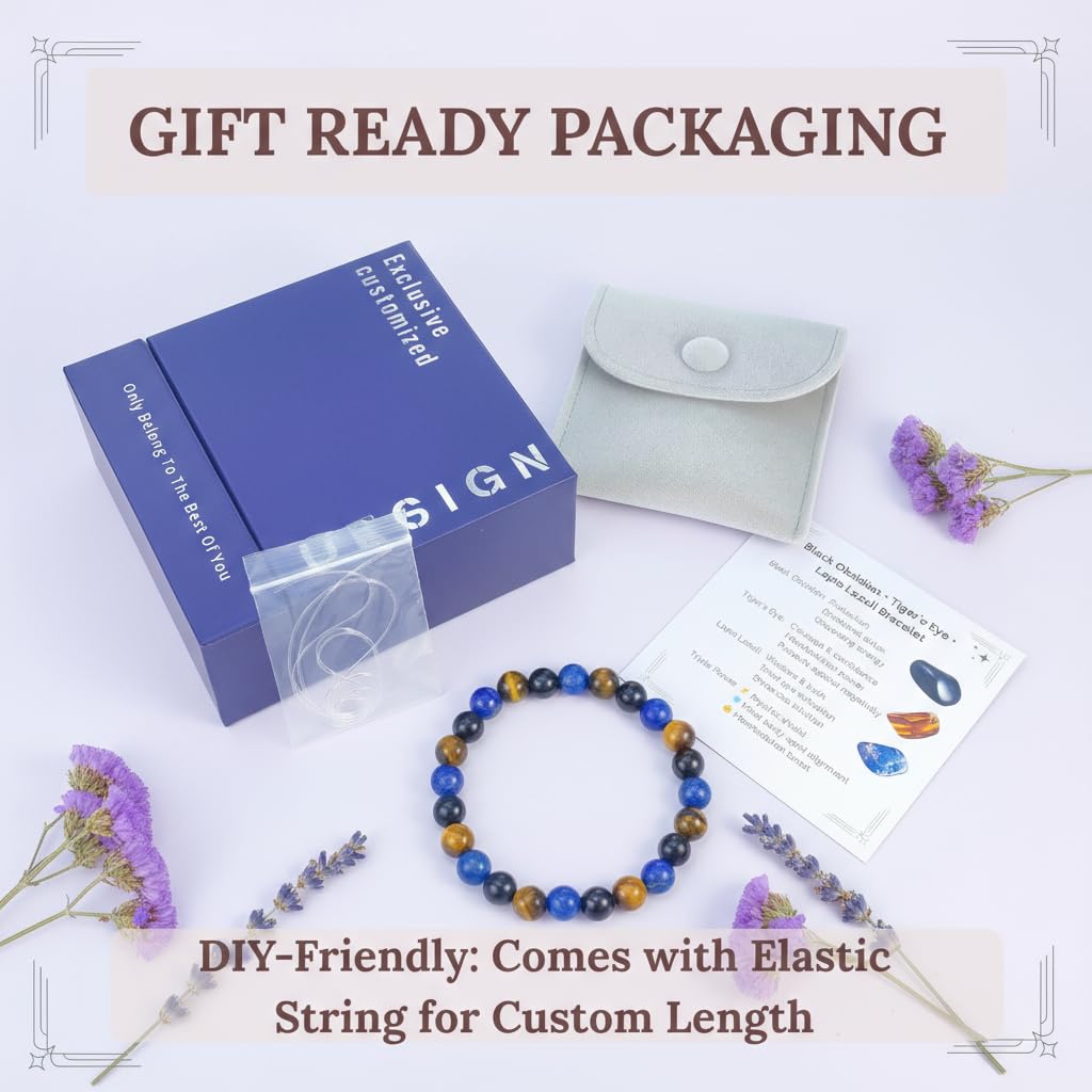 Atminafays 8MM Healing Crystal Bracelet - Black Obsidian, Tiger Eye & Lapis Lazuli | Triple Protection Stone Jewelry, Adjustable 6.5-8", Spiritual Gift