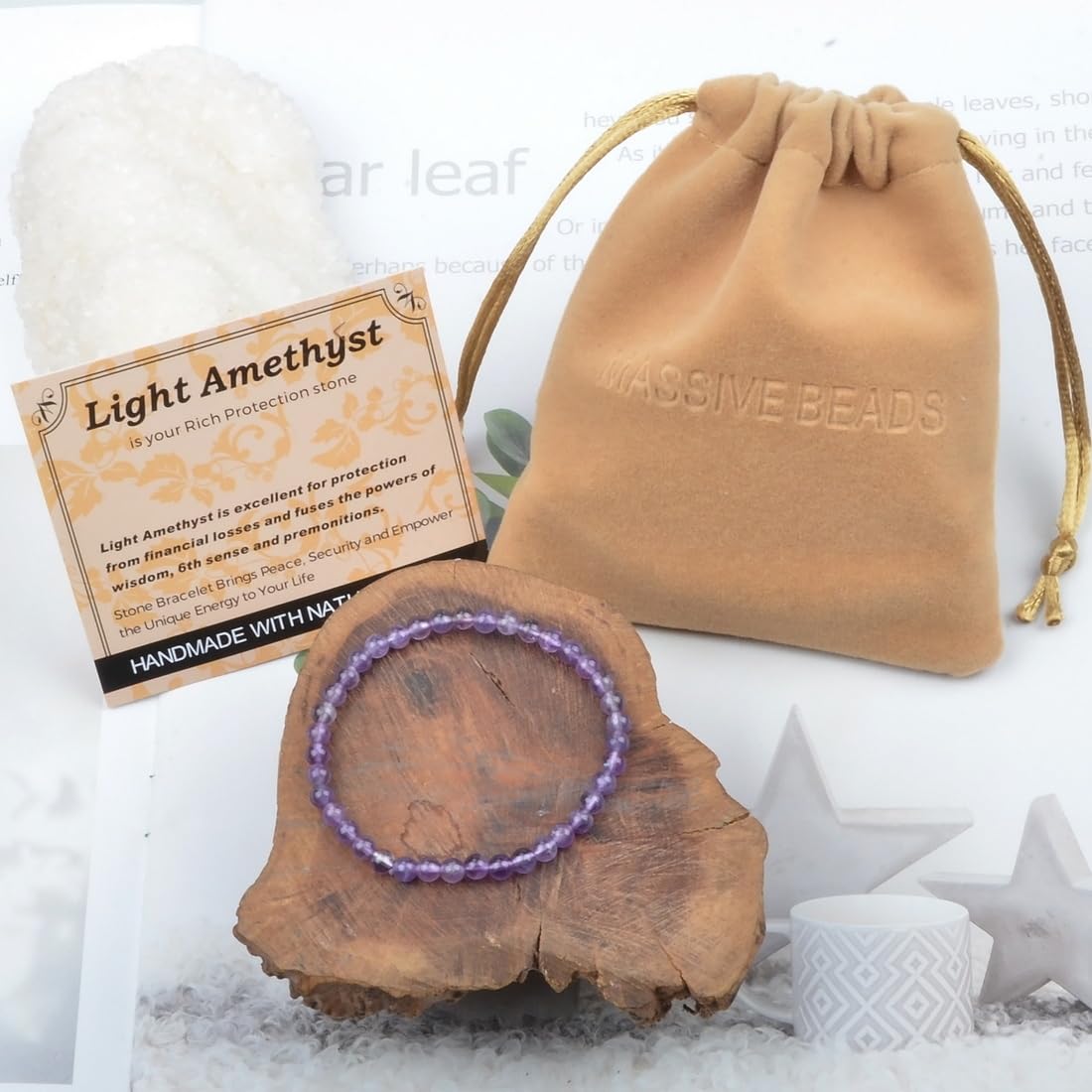MASSIVE BEADS Light Amethyst - Rich Protection - Handmade Handmade Yoga Stretch Elastic Bracelet Natural Stone Crystal Healing Power Energy Gifts for Unisex Adult 4mm