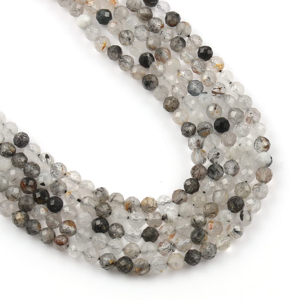 Song Xi 180pcs 2mm Natural Black Rutilated Quartz Gemstone Beads Faceted Round Loose Stone Beads for Jewelry Making (1 Strand)