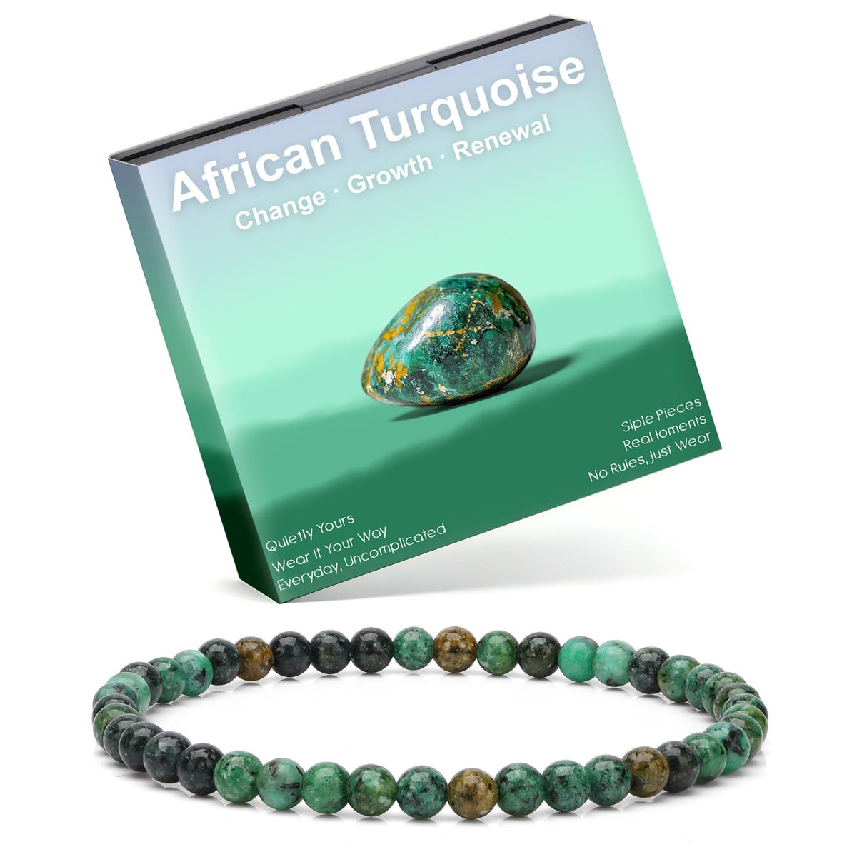 Risyfjew 4MM Handmade African Turquoise Natural Gemstone Stretch Elastic Bracelet,PE Film Anti-oxidation Packaging Natural Stone Crystal Healing Power Energy Gifts for Adult