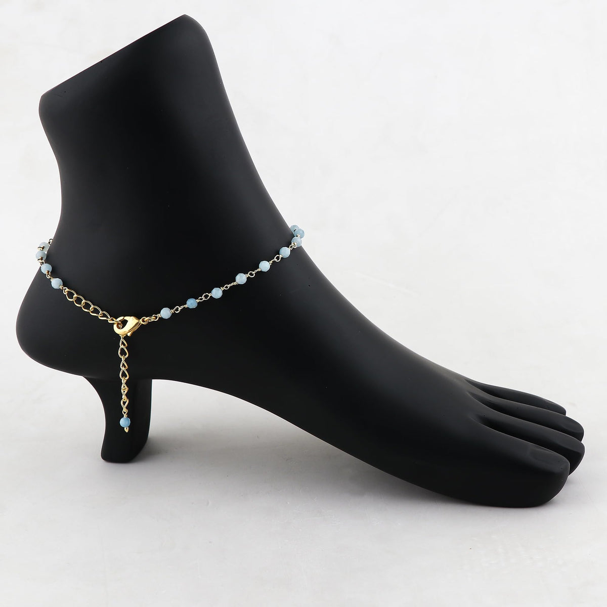 JOR Natural Aquamarine Beaded Rosary Anklet, Handmade Craft, Anklet Beads Bracelet, Chakra Healing Anklet, Gemstone Women Jewelry, Dainty Gold Plated Anklet 9 inch + 1.5 inch (1pcs)