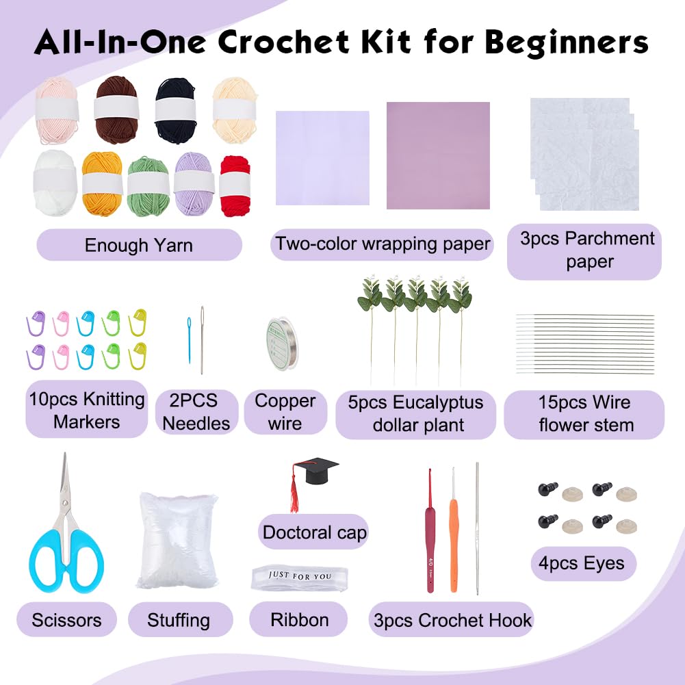 ORIGACH DIY Crochet Graduation Bouquet with Personalized Doll Kit for Beginner Adults Handmade Crochet Sunflower Bouquet & Graduate Girl Doll for Graduation Gift, Teacher Appreciation Gifts