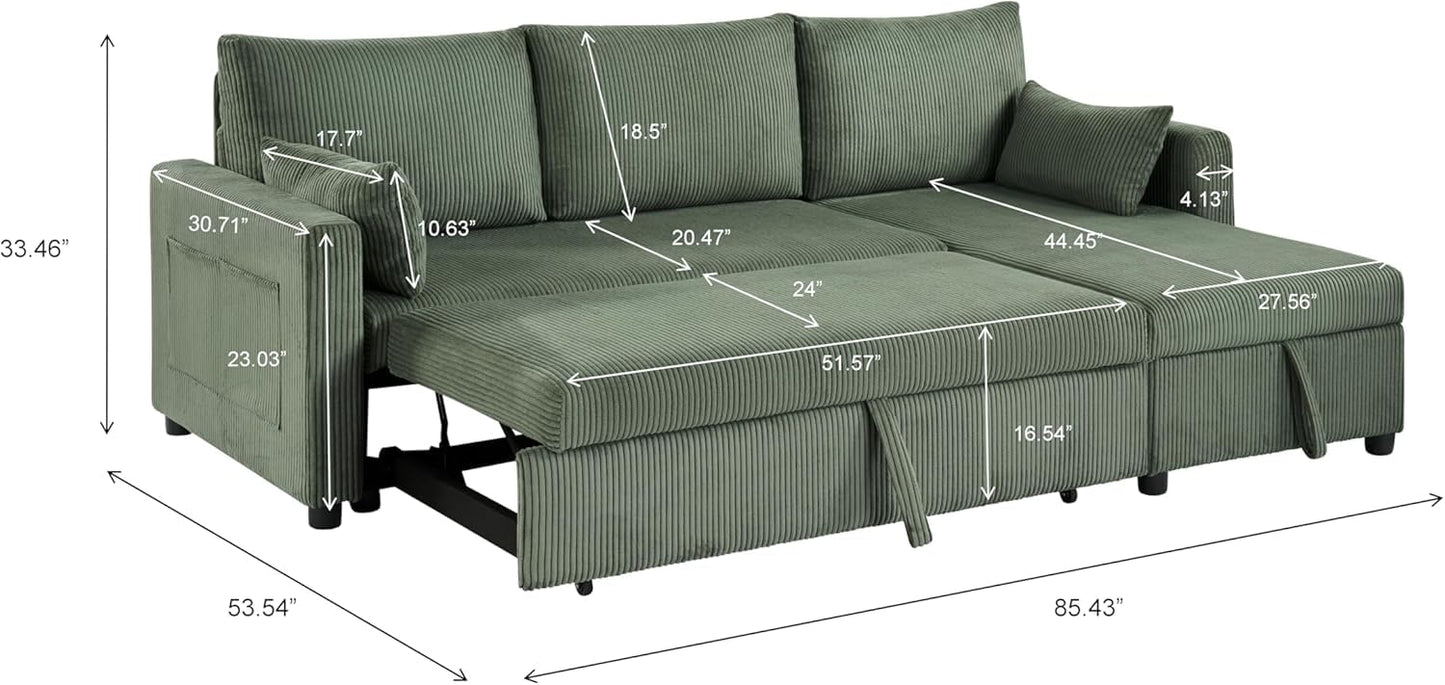 Trygoal Queen Sleeper Sofa, Convertible Sofa Bed with Storage, 85 Inch Sectional Couch with Pull Out Bed, L Shaped 3 Seat Sectional Sleeper Sofa for Living Room, Apartment, Green