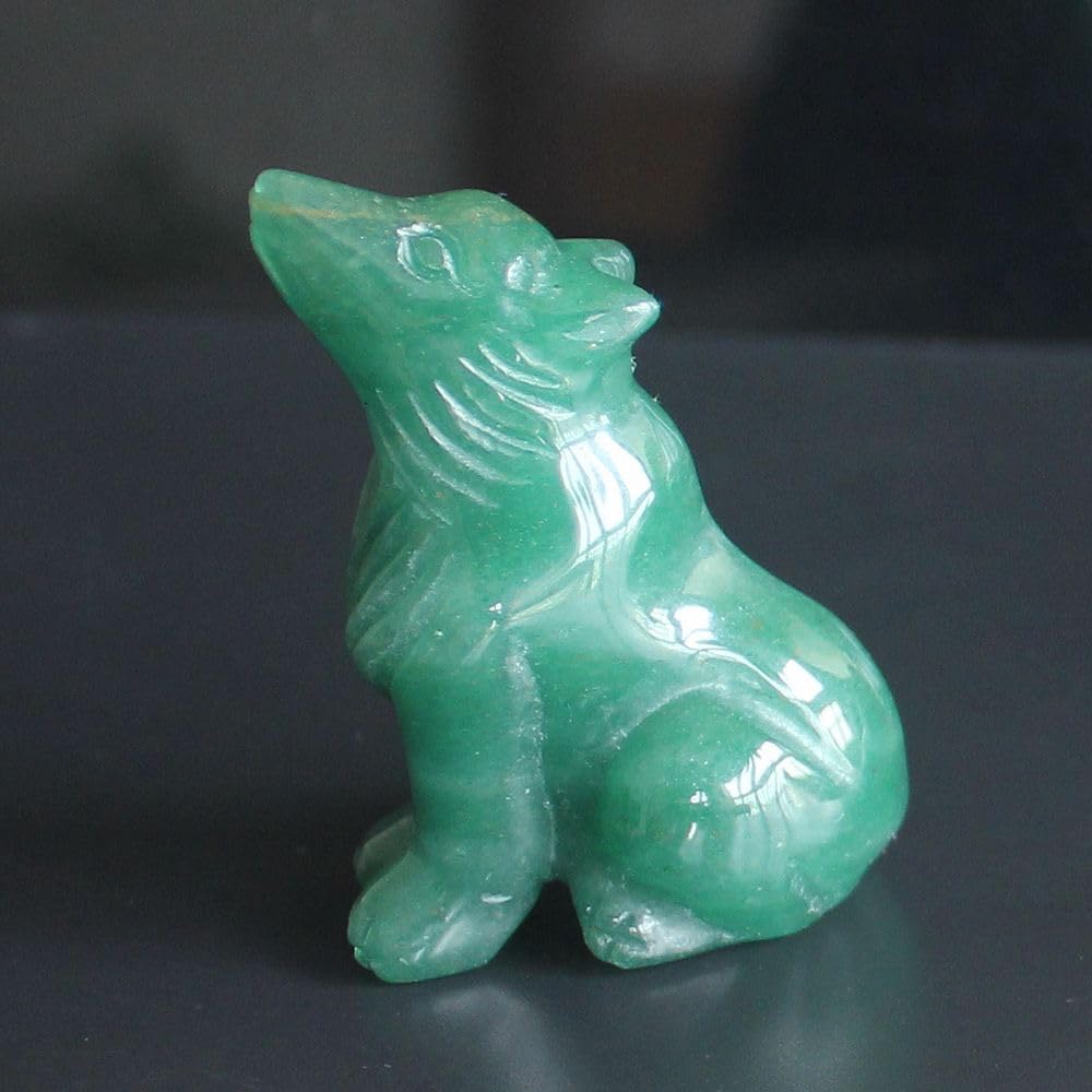 HLbshi Hand Carved Gemstone Crystal Wolf Figurine Animal Statue Carving Office Home Decor Collections 2'' (Green Aventurine)
