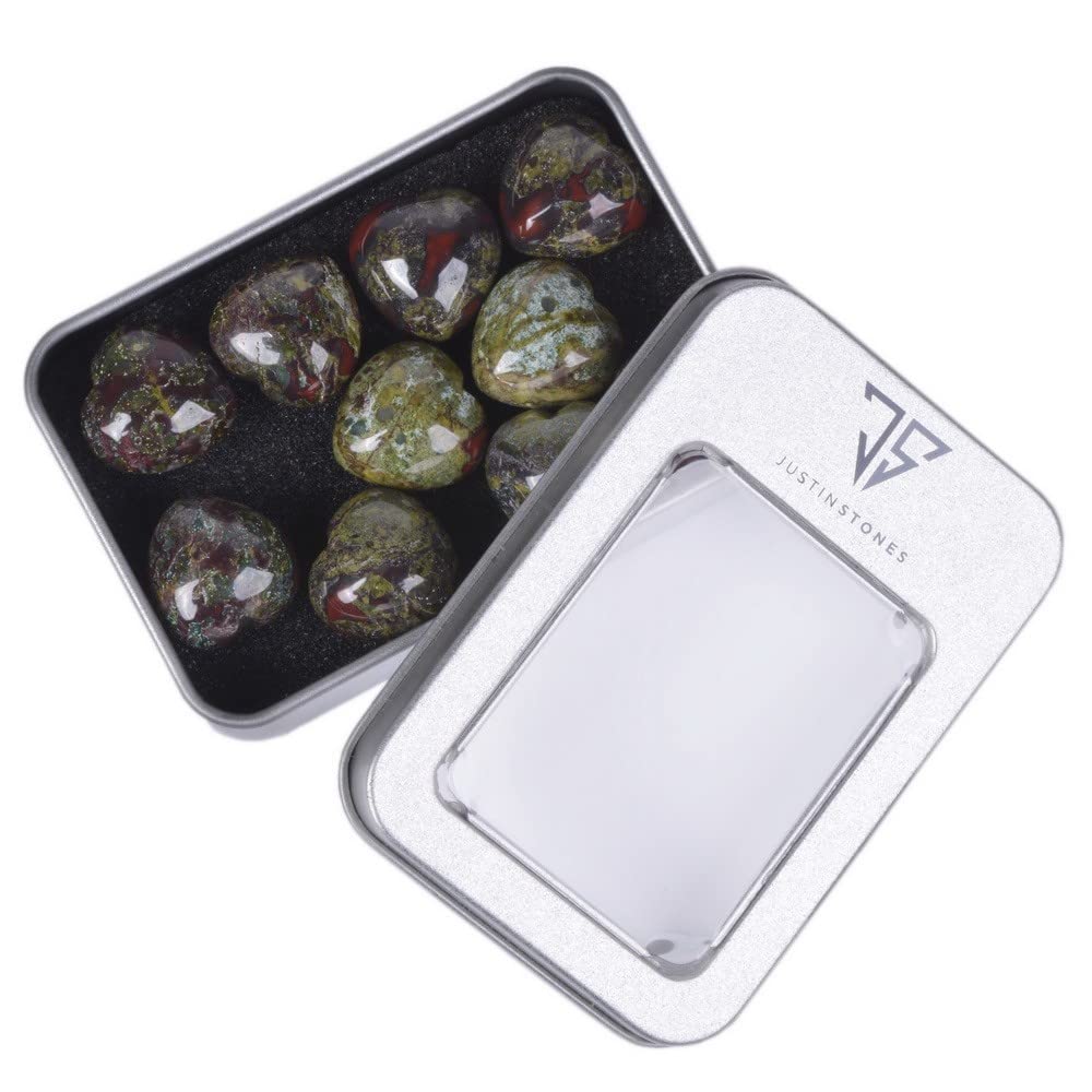 Natural Dragon blood jasper Gemstone Healing Crystal 0.8" Mini Puffy Heart Pocket Stone Iron Gift Box (Pack of 10)