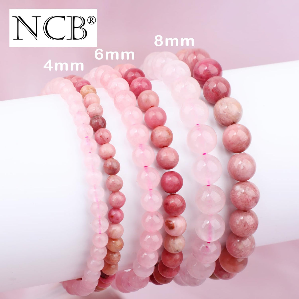 NCB 2-Piece 8mm Natural Crystal Gemstone Stretch Bracelets – ﻿Pink Quartz, Rhodochrosite Handmade Reiki Energy Healing Jewelry for Meditation,Yoga, Unisex