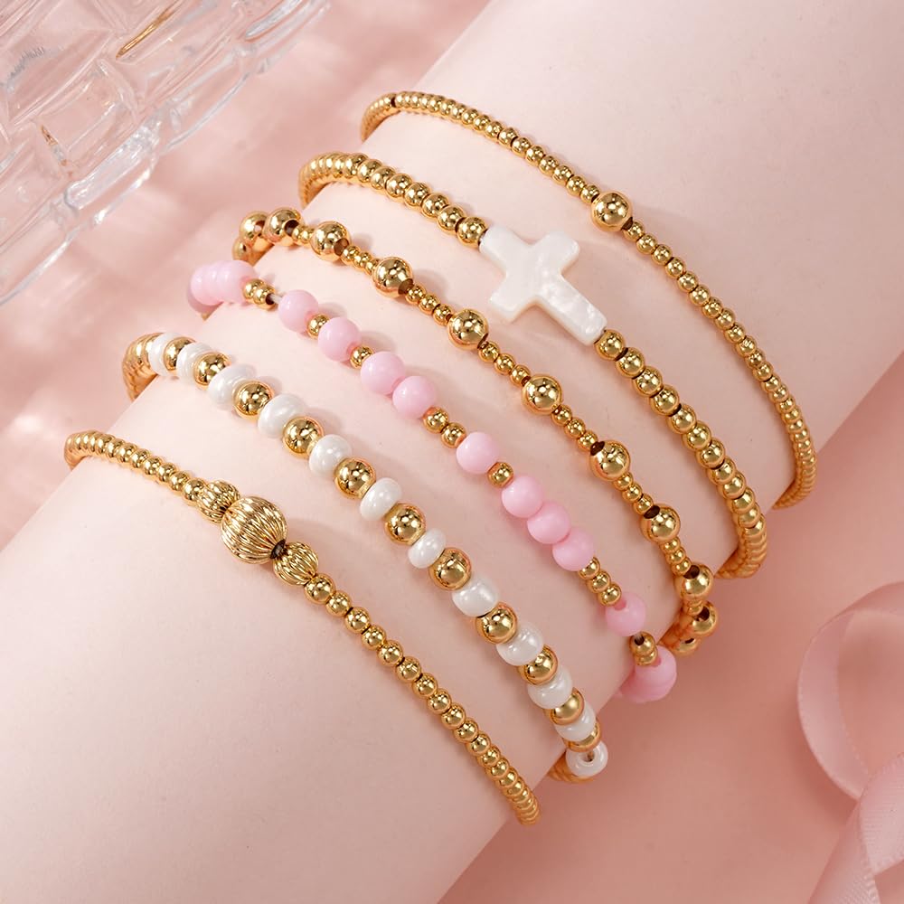 SHINUS BOHO Cross Gold Beaded Bracelet Stack for Women,Bohemian Stretch White Pink Beads Stackable Bracelets Set Fashion Prom Party Accessories Jewelry Gift Friendship