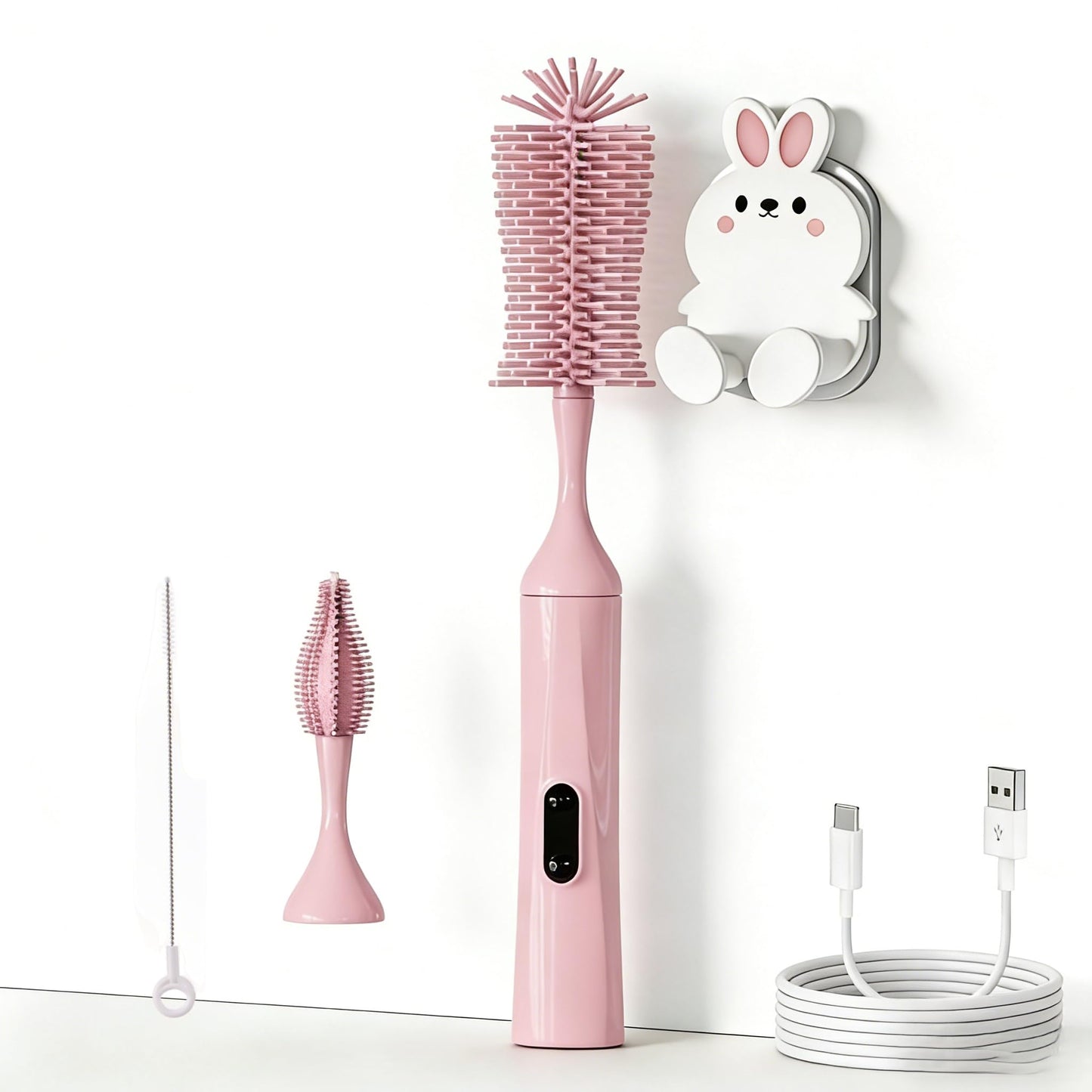 Rechargeable Electric Bottle Brush with 2 Speeds Powerful Automatic Bottle Cleaner,BPA-Free Silicone Spinning Design, Wall Mount & Straw Cleaner,Suitable for Baby Bottles & Kitchen (Pink+Pink)