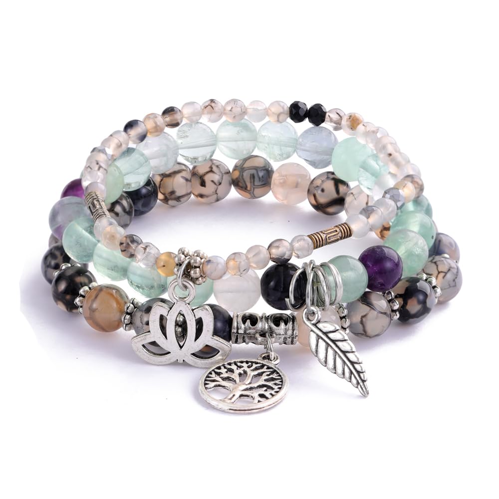 UEUC Tree of Life Yoga Healing Stone Bracelets,Multilayer Lotus Chakra Stone Reiki Bracelet Sets,Anxiety Crystal Natural Stone,for Women Stress Relief(#153)