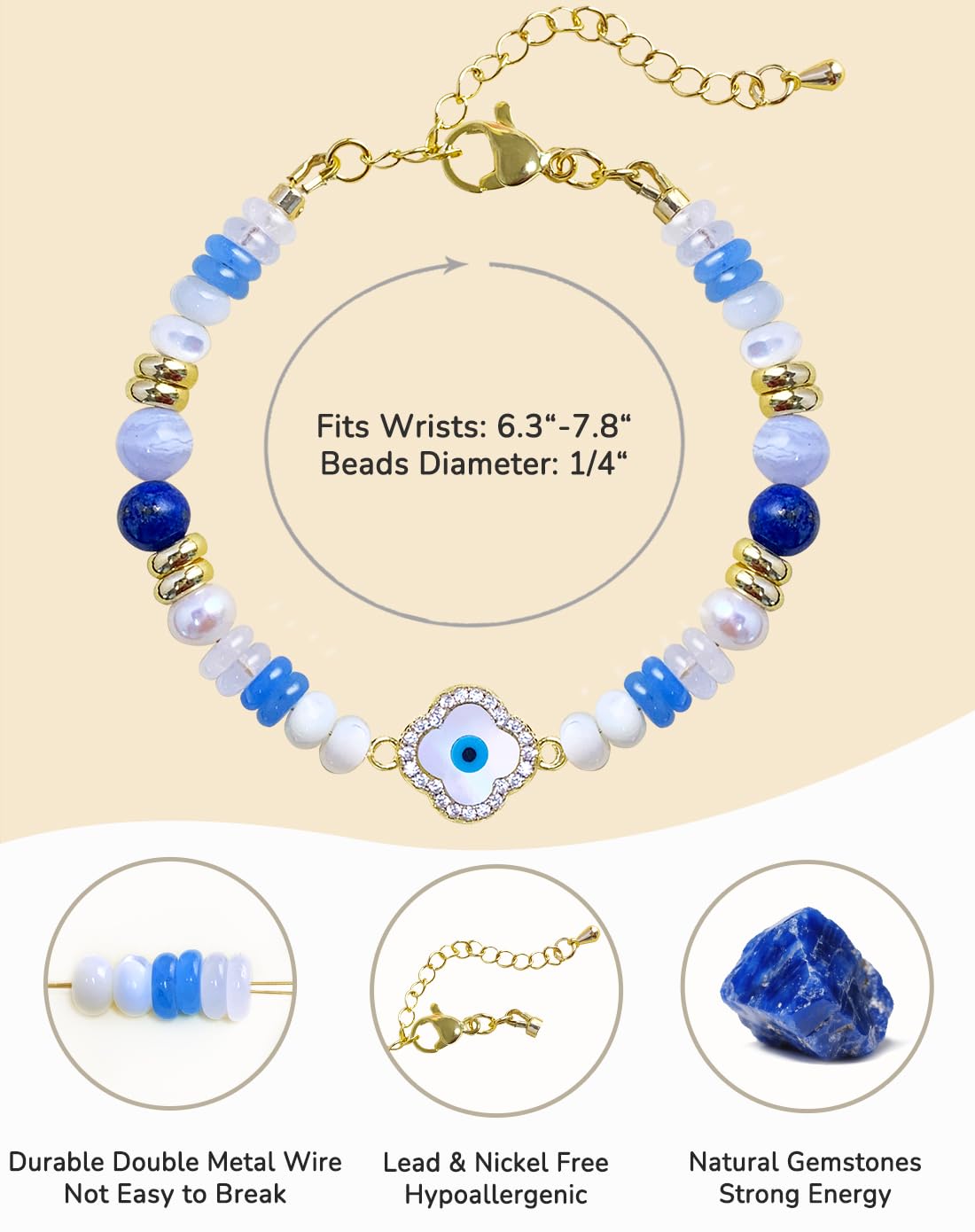 YEETONDA Evil Eye Four Leaf Clover Natural Gemstone Rainbow Bracelets Jewelry 16th 21st 30th 40th 50th 60th 70th 80th Birthday Gifts For Women Mom Sister Friend Daughter Niece(Lapis Lazuli)