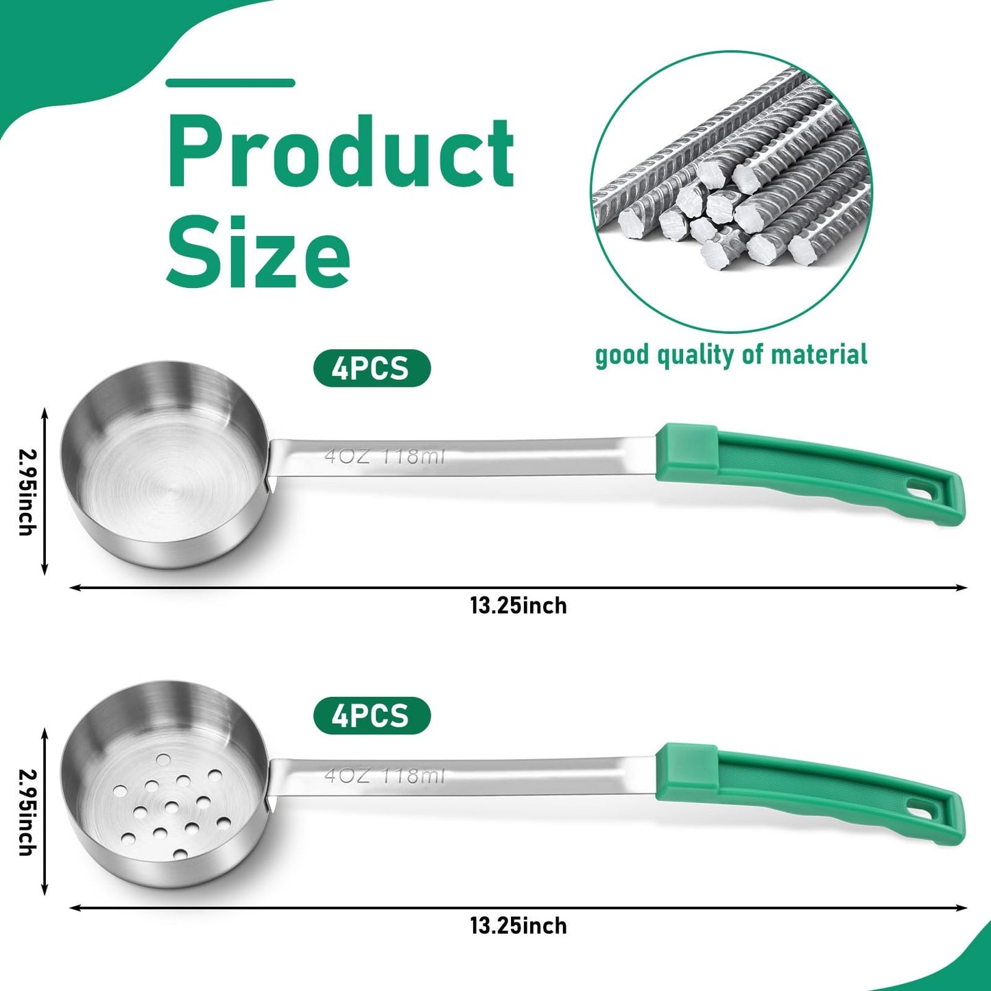 Teenyyou 8 Pcs Portion Control Serving Spoons Portion Scoops Cups Solid and Slotted Stainless Steel Ladle Spoon for Food, Serving Utensils Set for Parties(Green,4 oz)