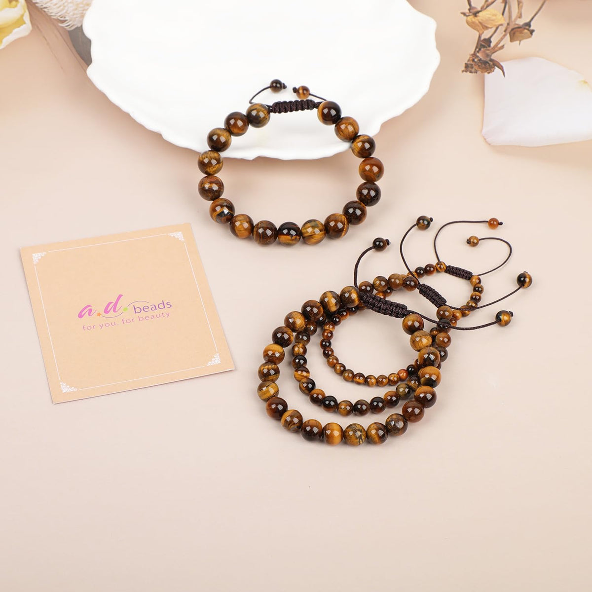 AD Beads 4mm Yellow Tiger's Eye - Courage and Confidence - Handmade Natural Stone Crystal Bracelet with Adjustable Macrame String - Yoga Healing Power Energy Gifts for Men and Women