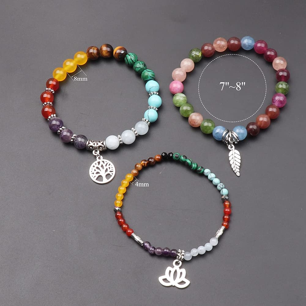 UEUC Natural Gemstone Chakra Bracelets for Women, Multilayer Tree of Life Lotus Crystal Healing Stone Bracelet Sets, Yoga Meditation Reiki Relax Bracelets for Stress Relief(#122)