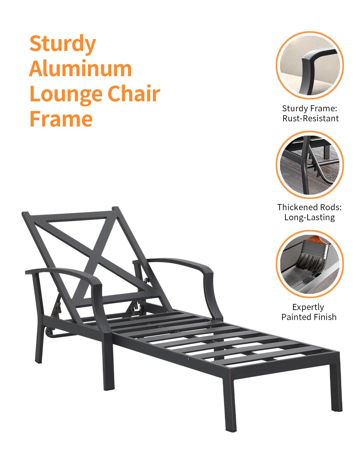 SEEHILL 2 Pieces Lounge Chair Set, Outdoor Chaise Lounge Set, Never-Rust Aluminum Pool Lounge Set with Gray Cushion, 6-Position Adjustable Patio Chaise with Outdoor Side Table for Poolside, Gunmetal