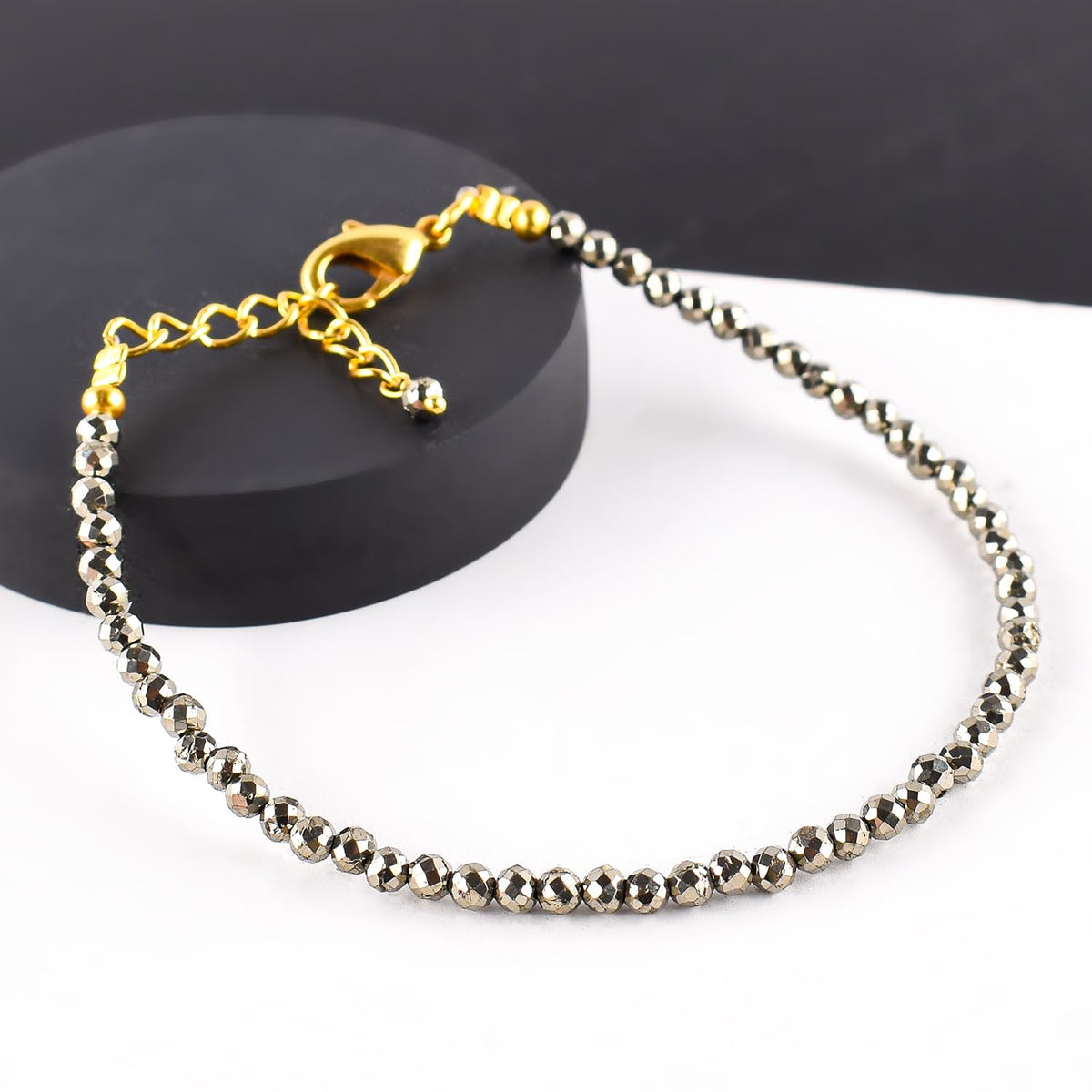 Natural Golden Pyrite Gemstone Micro Beads Dainty Bracelet Jewelry for Women, Birthstone, Chakra Energy Crystals, 14k Gold Plated Chain 8 inch Adjustable