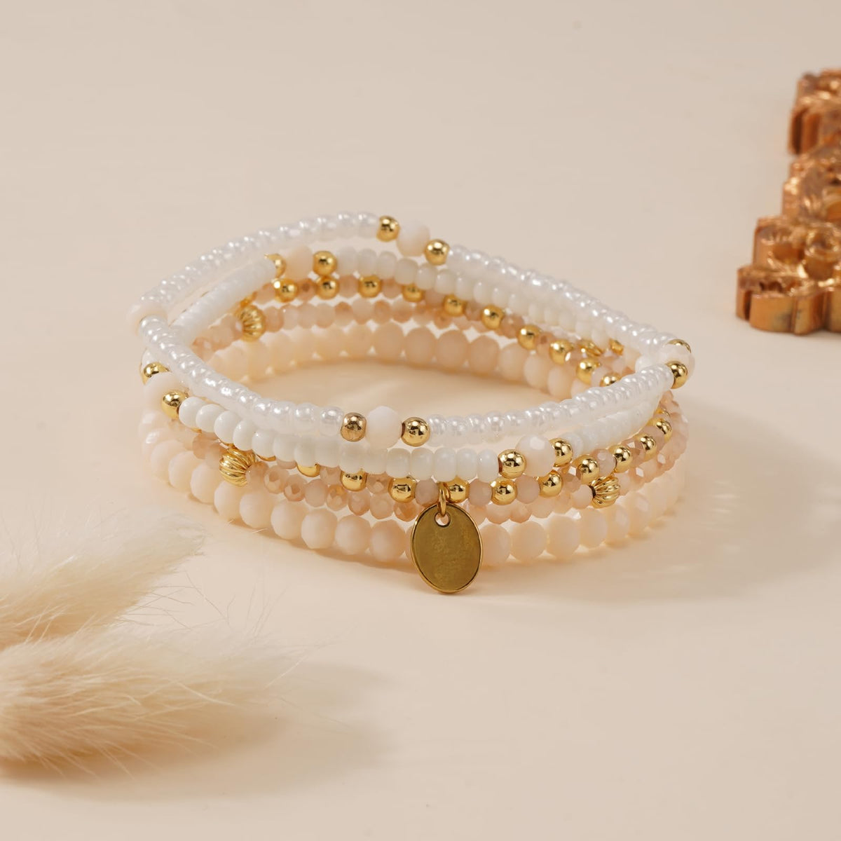 Bohxantium Gold Crystal Beaded Bracelets for Women 14K Gold Plated Beads Ball Bracelet Stack Stretch White Seed Beads Stackable Non Tarnish Trendy Jewelry Prom Birthday Friendship Gift for Women
