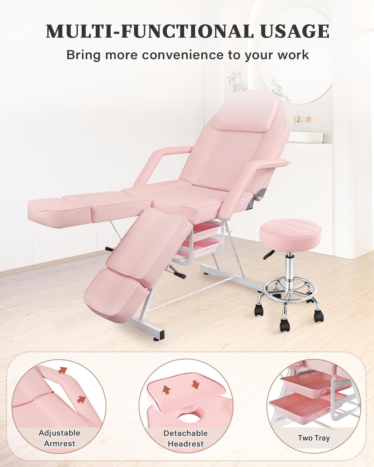 Tythical Pink Tattoo Artist Chair, Split Leg Facial Bed for Client Professional Beauty Lash Massage Bed with Hydraulic Stool & Extension Footrests for Salon Spa Barber Equipment