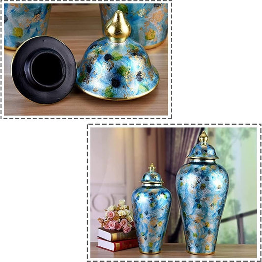 GFAZXDS Ceramic Flower Vase,Decor Ceramic Ginger Jar for Home Decor, Hand-Craft Blue Blooming Golden Stroke General Jar,OneColor-Small