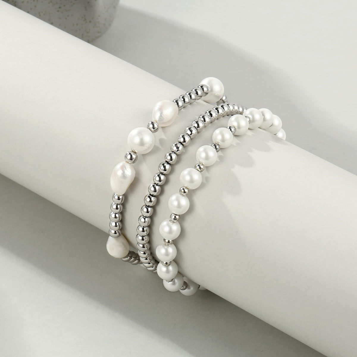 Silver Pearl Bracelets for Women Baroque Pearl Stackable Stretch Bead Ball Bracelet Jewelry Gifts （3PCS)
