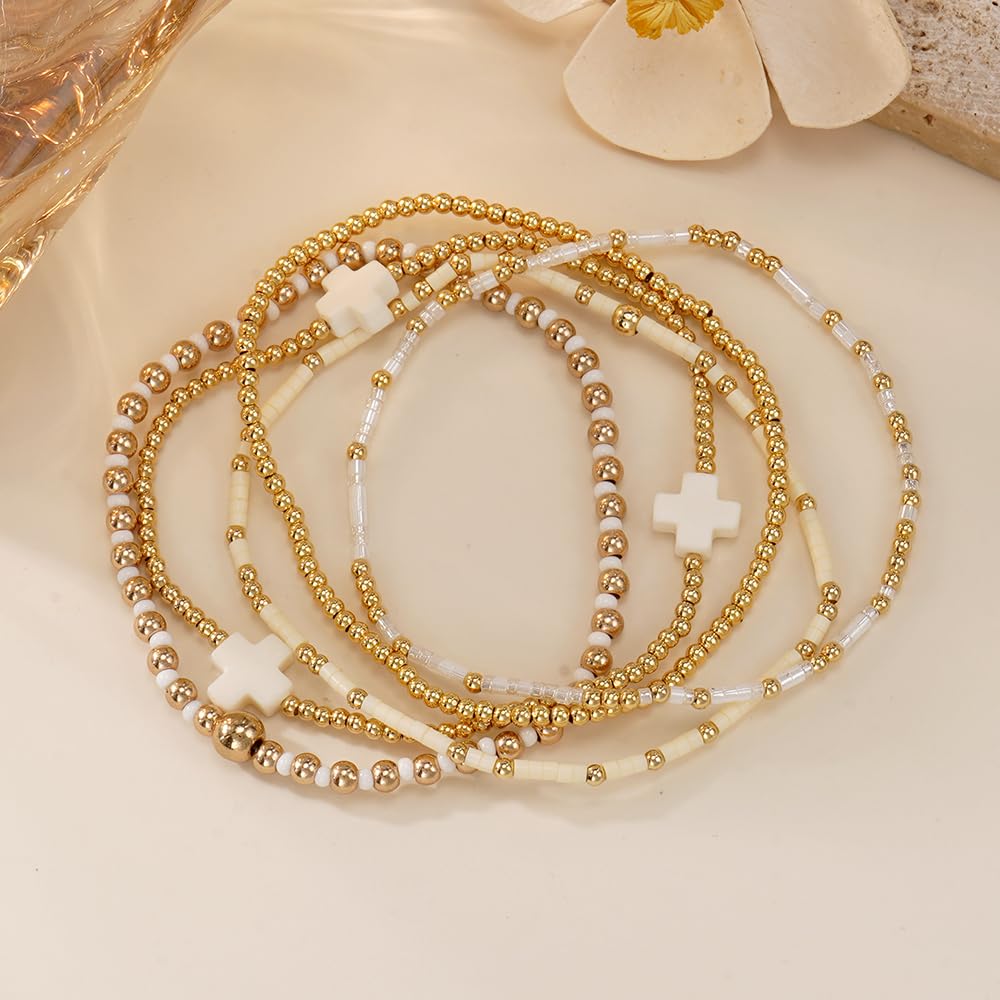 Bohxantium Gold Beaded Stretch Bracelets Stack for Women - 14k Gold Stackable Elastic Cross Bracelet, White Waterproof Stretchy Seed Beads Jewelry Christian Faith Friendship Summer Beach Mothers Day Gifts