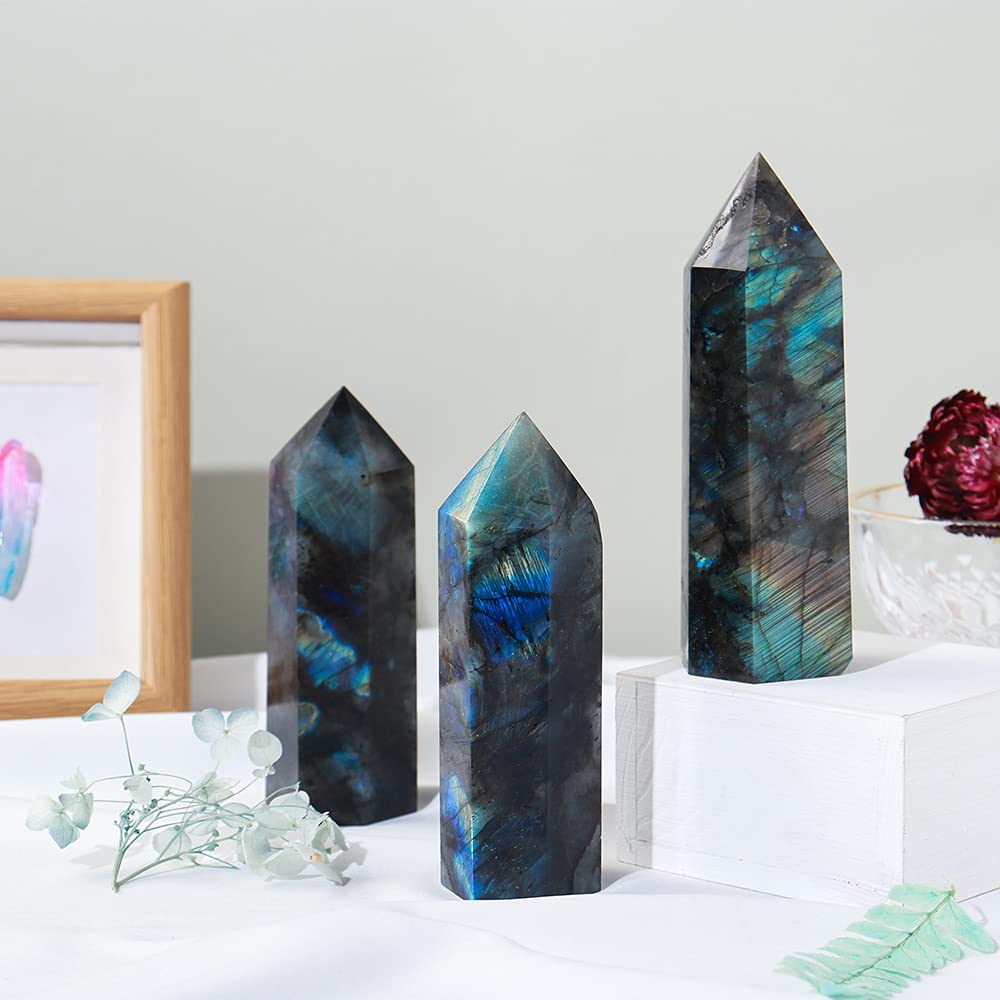 Runyangshi Large Labradorite Healing Crystal Wand 4.72"-5.12" Crystal Tower 6 Faceted Single Point Crystal Prism Wand Natural Quartz Stones for Meditation Reiki Chakra Therapy Home Decor Gift