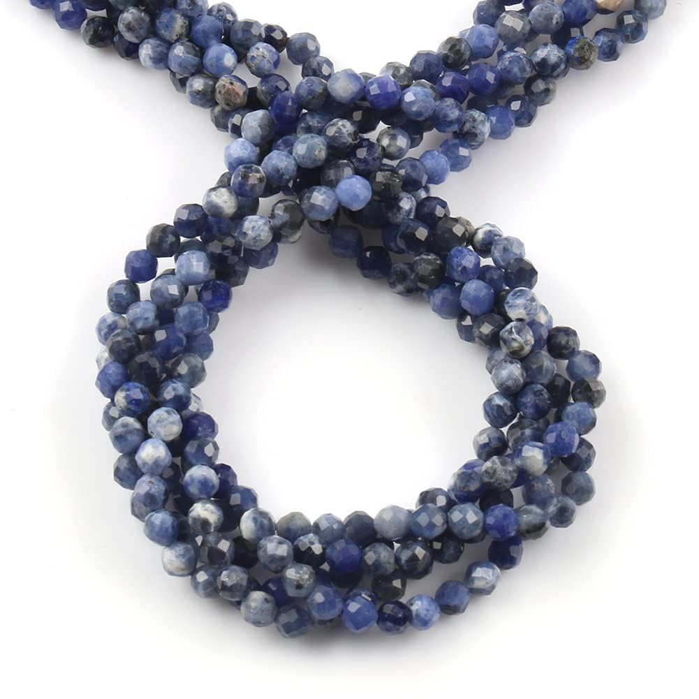 Song Xi 90pcs 4mm Natural Old Blue Sodalite Gemstone Beads Faceted Round Loose Stone Beads for Jewelry Making (1 Strand)